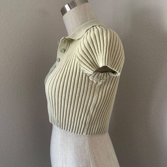 Brandy Melville Crop Tank Top Ribbed Polo Neck Cap Sleeve Cotton Green Sz S - Picture 5 of 10